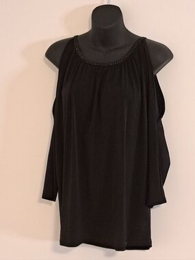 Michael Kors Black Cold-Shoulder 3/4 Sleeve Blouse With Embelished Neckline Med